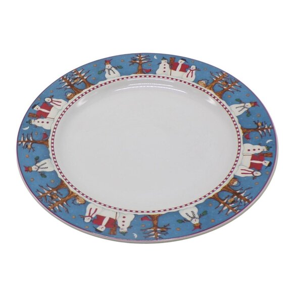 Sakura Debbie Mumm (4) SNOWMAN Blue & White Holiday Dinner Plates 10.75" READ - Picture 2 of 5